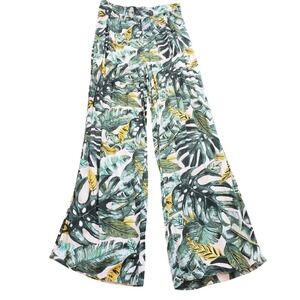 Sunburst Kiss XL Tropical Monstera Leaf Wide Leg Palazzo Pants Green 59775P